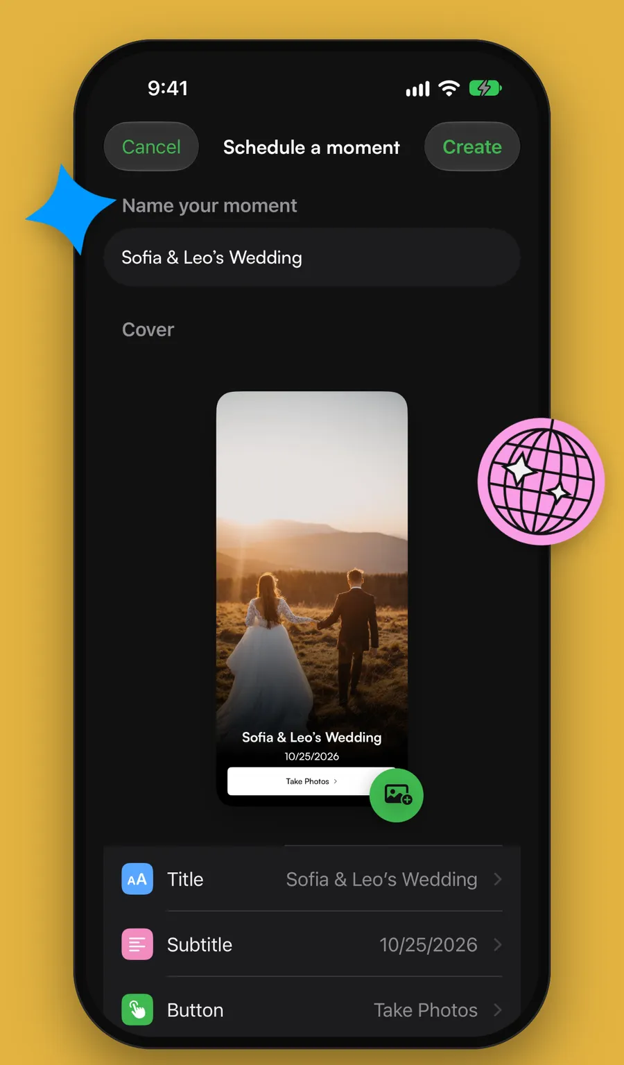 Scheduling a moment in the Momenta app: name, cover and options